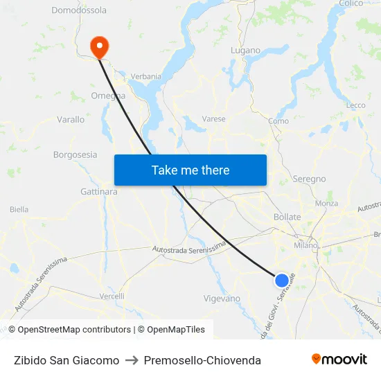 Zibido San Giacomo to Premosello-Chiovenda map