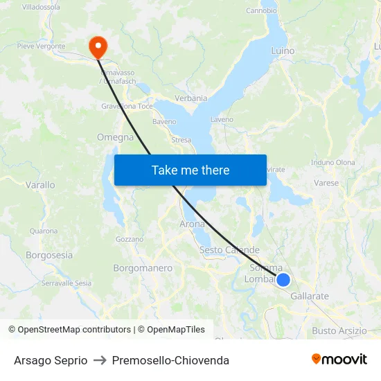 Arsago Seprio to Premosello-Chiovenda map