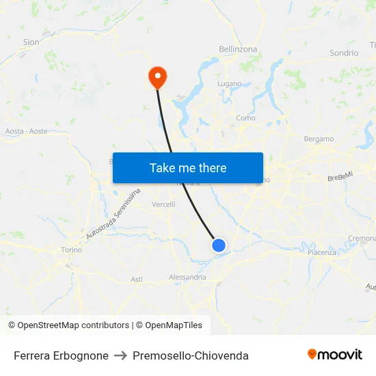 Ferrera Erbognone to Premosello-Chiovenda map