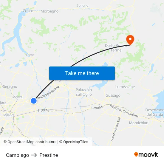Cambiago to Prestine map