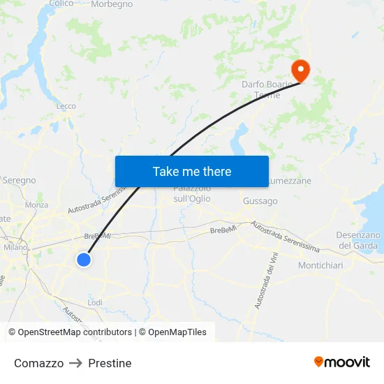 Comazzo to Prestine map
