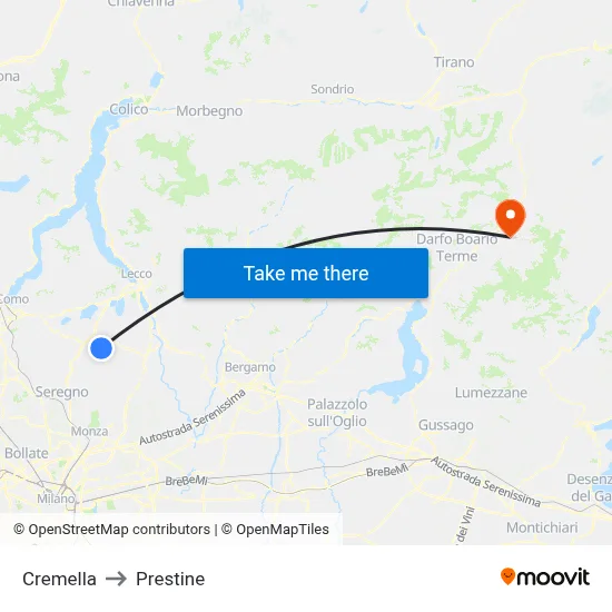 Cremella to Prestine map