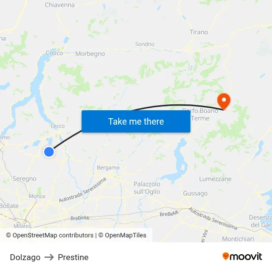Dolzago to Prestine map