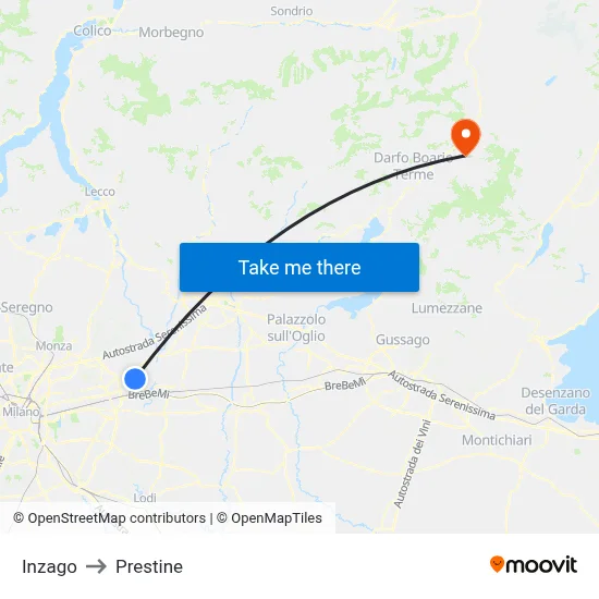 Inzago to Prestine map