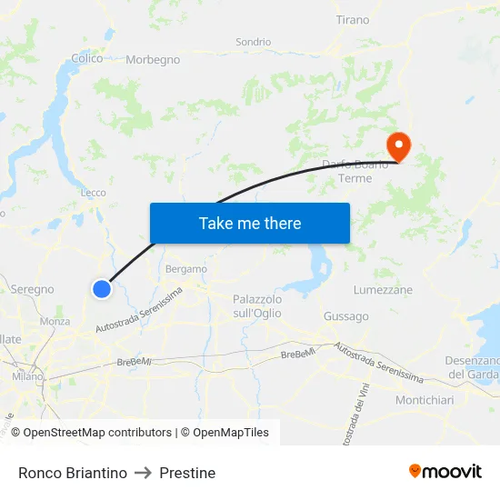 Ronco Briantino to Prestine map