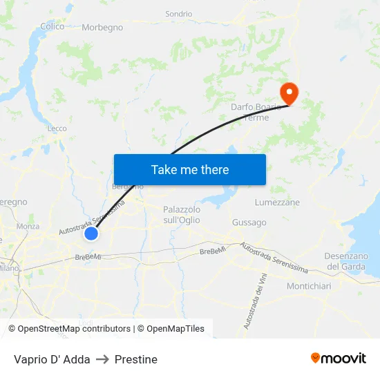 Vaprio d'Adda to Prestine map