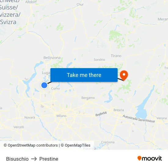 Bisuschio to Prestine map