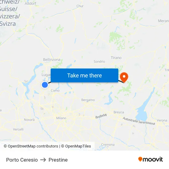 Porto Ceresio to Prestine map