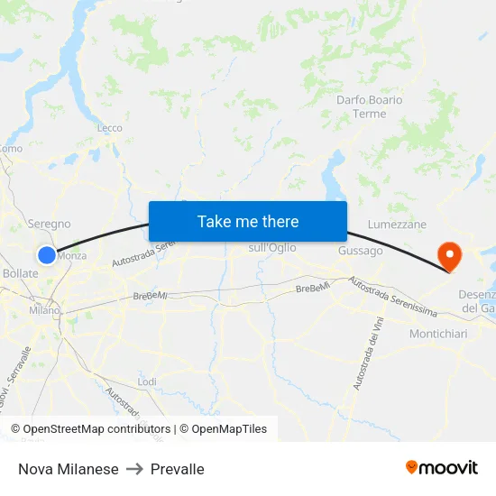 Nova Milanese to Prevalle map
