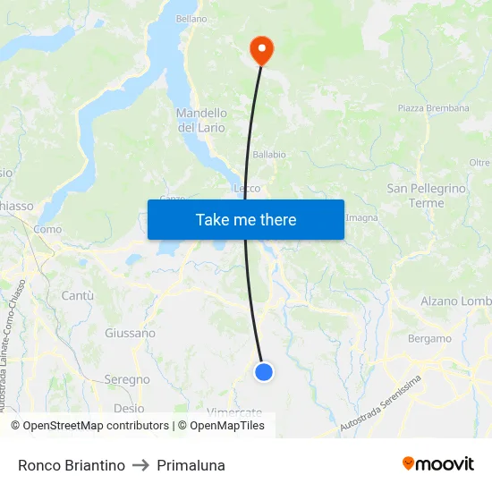 Ronco Briantino to Primaluna map
