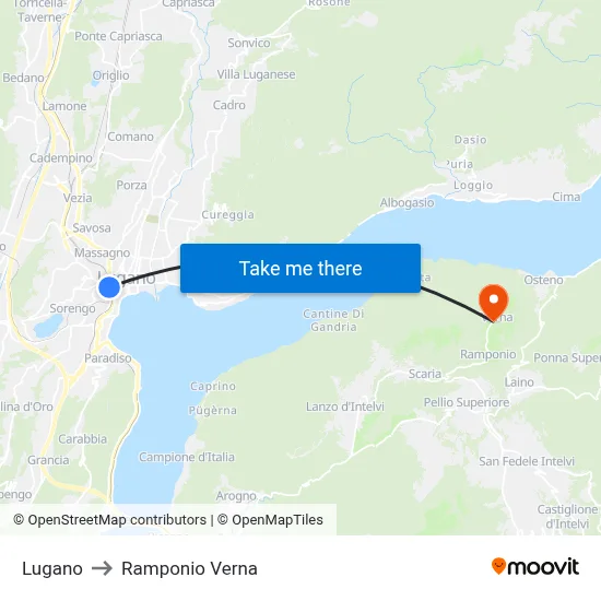 Lugano to Ramponio Verna map