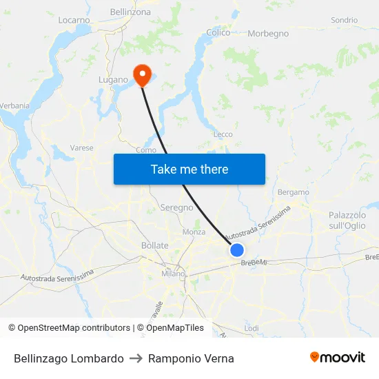 Bellinzago Lombardo to Ramponio Verna map