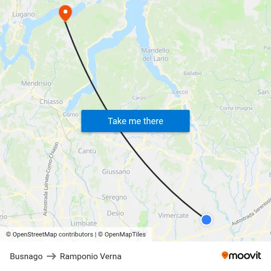 Busnago to Ramponio Verna map