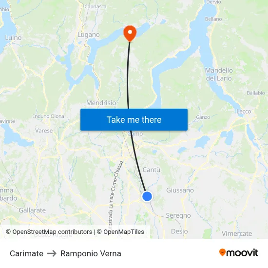 Carimate to Ramponio Verna map