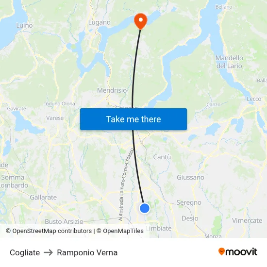 Cogliate to Ramponio Verna map