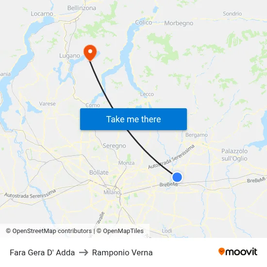 Fara Gera D' Adda to Ramponio Verna map