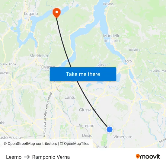 Lesmo to Ramponio Verna map