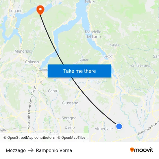 Mezzago to Ramponio Verna map