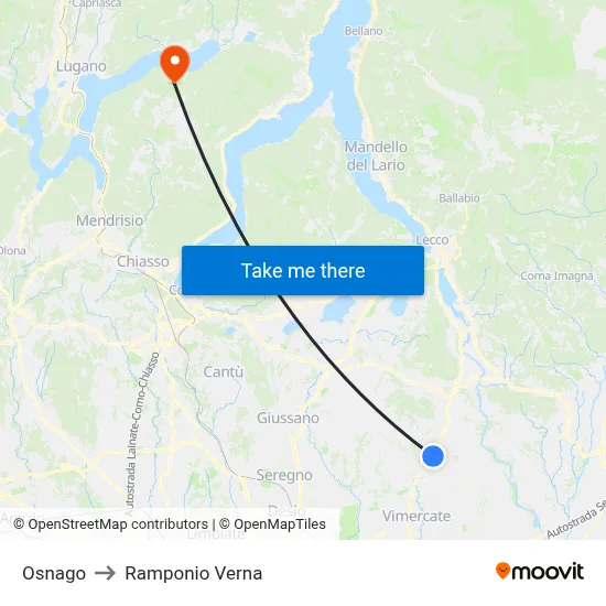 Osnago to Ramponio Verna map