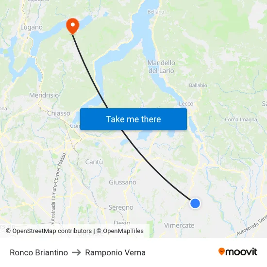 Ronco Briantino to Ramponio Verna map