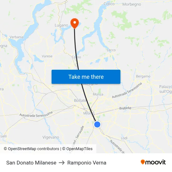 San Donato Milanese to Ramponio Verna map