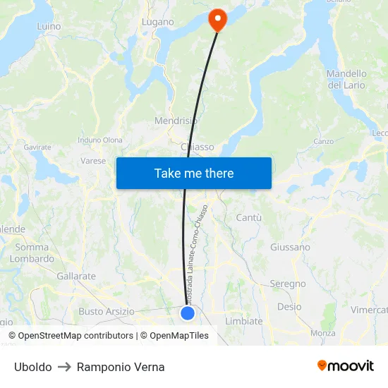 Uboldo to Ramponio Verna map