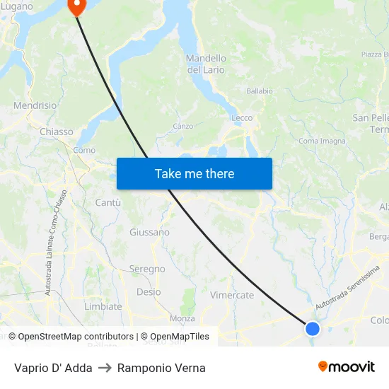 Vaprio D' Adda to Ramponio Verna map