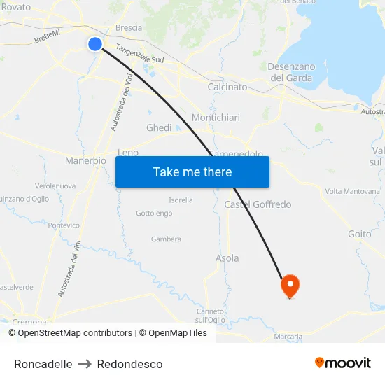 Roncadelle to Redondesco map