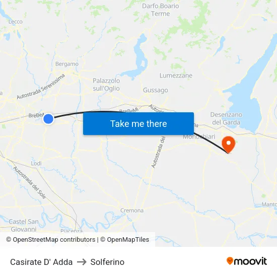 Casirate d'Adda to Solferino map