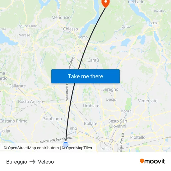 Bareggio to Veleso map