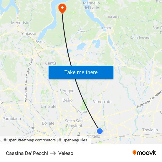 Cassina De' Pecchi to Veleso map