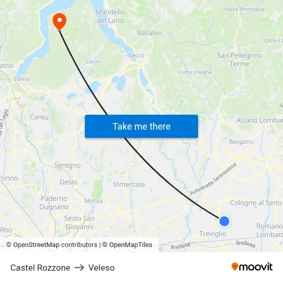 Castel Rozzone to Veleso map