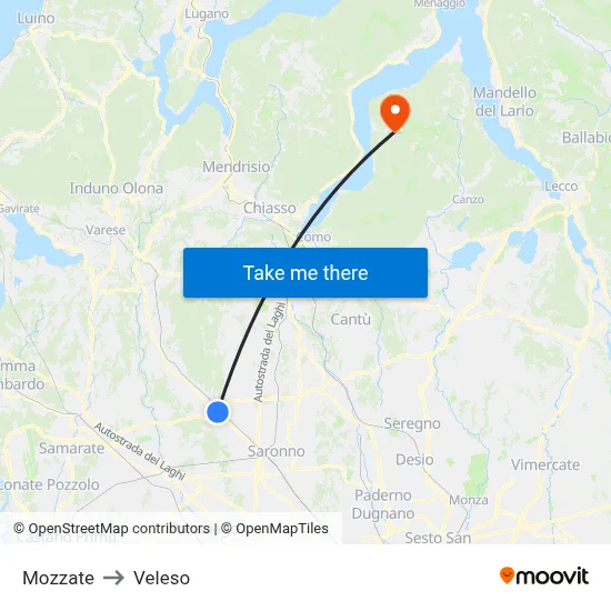 Mozzate to Veleso map