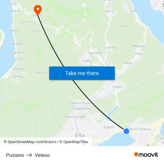 Pusiano to Veleso map