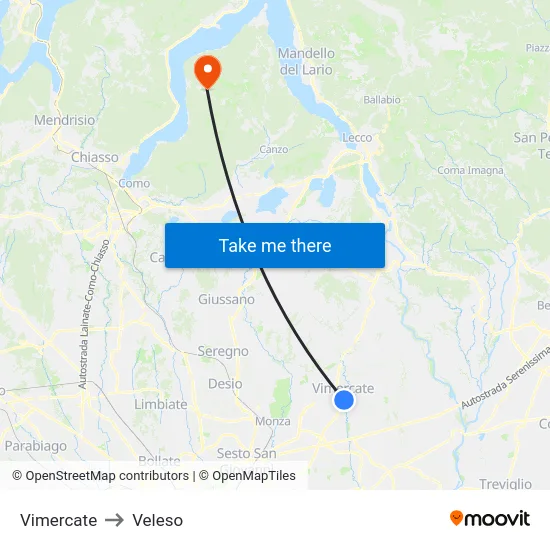 Vimercate to Veleso map