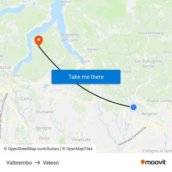 Valbrembo to Veleso map