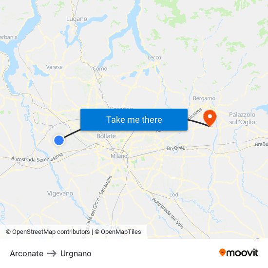 Arconate to Urgnano map