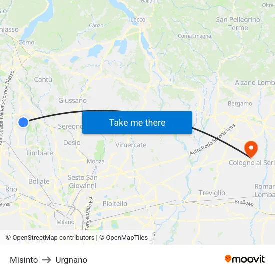 Misinto to Urgnano map