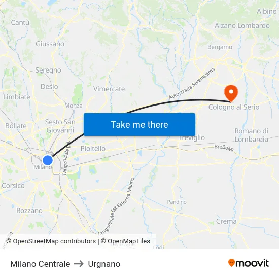 Milan Central to Urgnano map