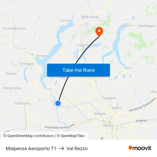 Malpensa Aeroporto T1 to Val Rezzo map