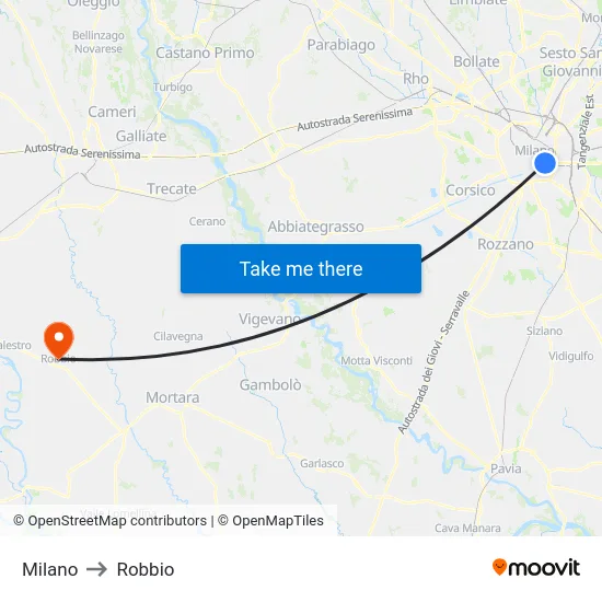 Milano to Robbio map