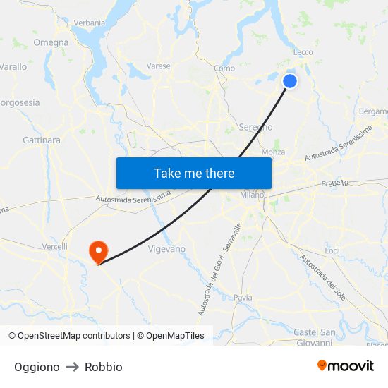 Oggiono to Robbio map
