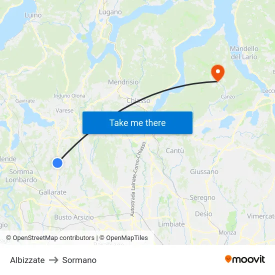 Albizzate to Sormano map