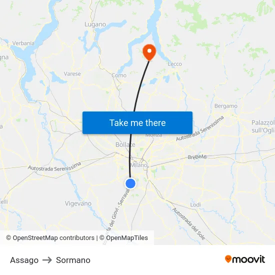 Assago to Sormano map