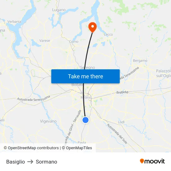 Basiglio to Sormano map