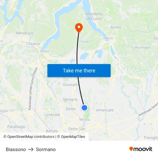 Biassono to Sormano map