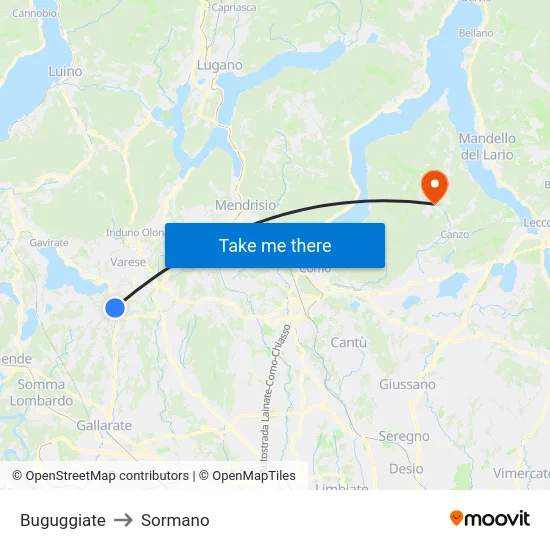 Buguggiate to Sormano map