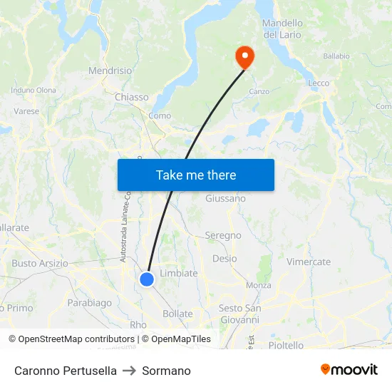 Caronno Pertusella to Sormano map