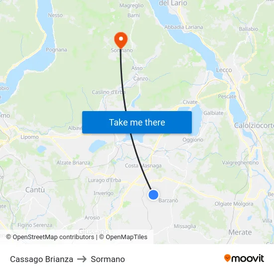 Cassago Brianza to Sormano map