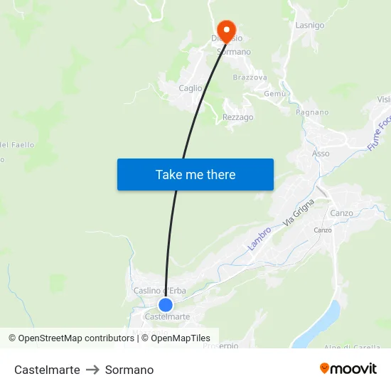 Castelmarte to Sormano map